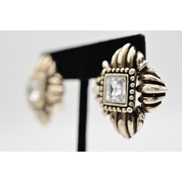 Vintage Crystal Clip On Earrings Chunky Rhinestone Silver Tone Heavy 1980s BinAR - Picture 2 of 12